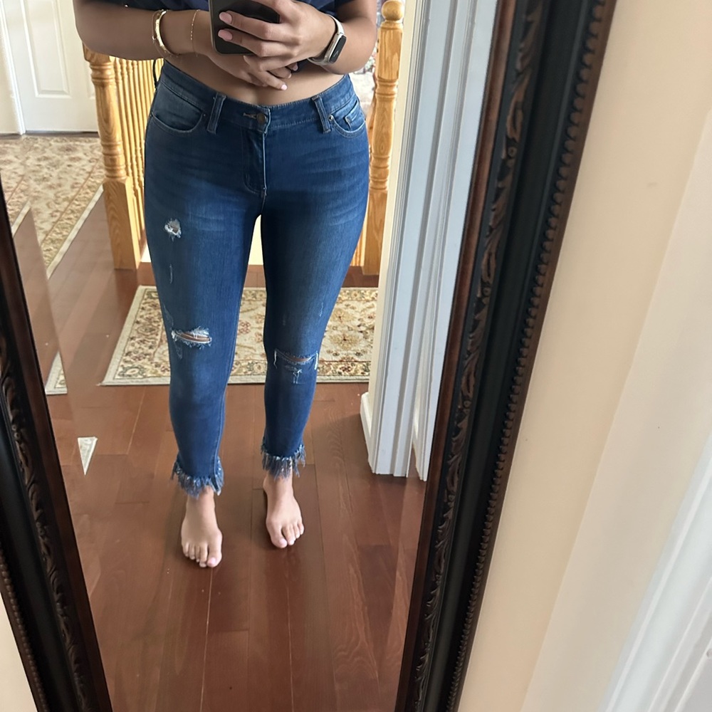 Free People Dark Wash Frayed Bottom Jeans